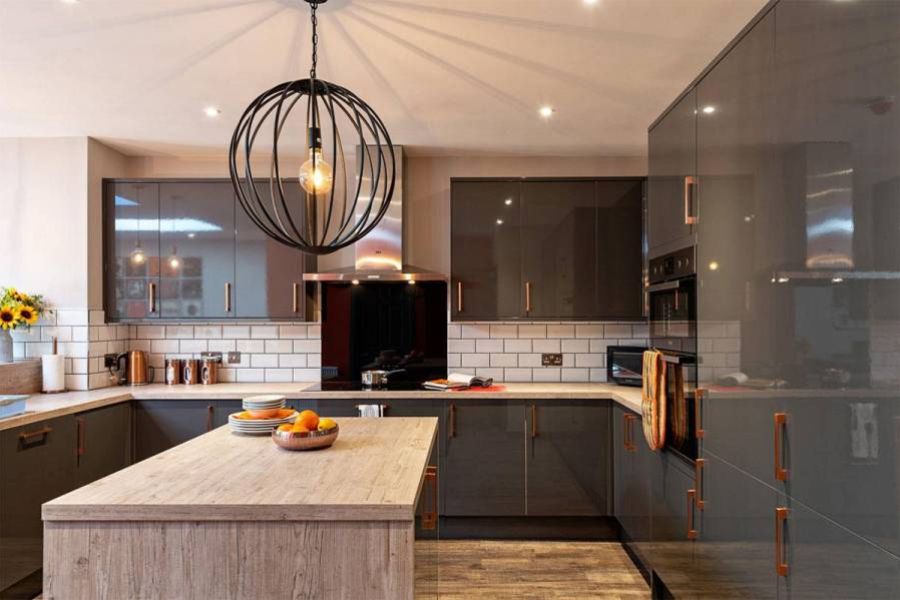Open plan kitchen looking towards the stove