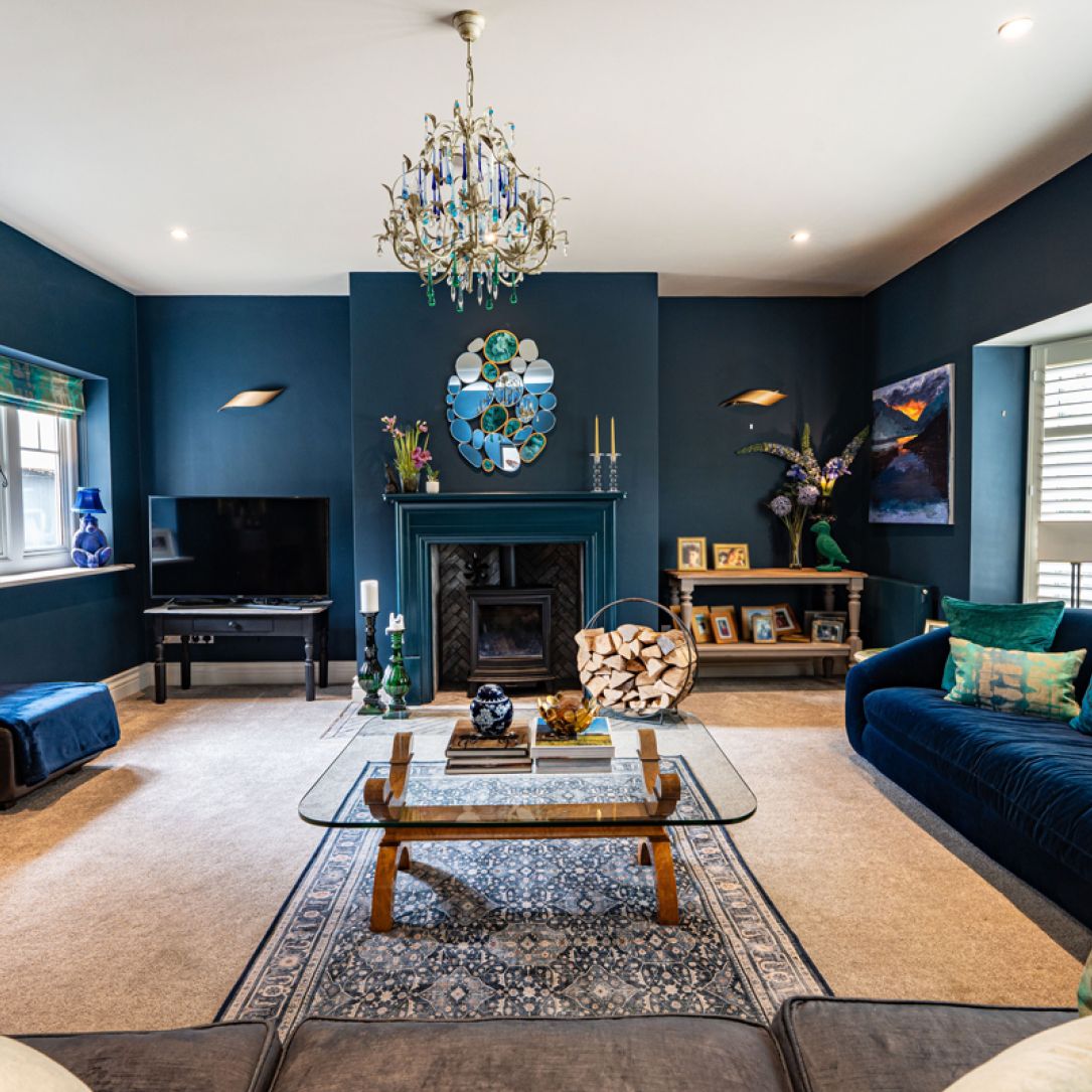 a blue living room